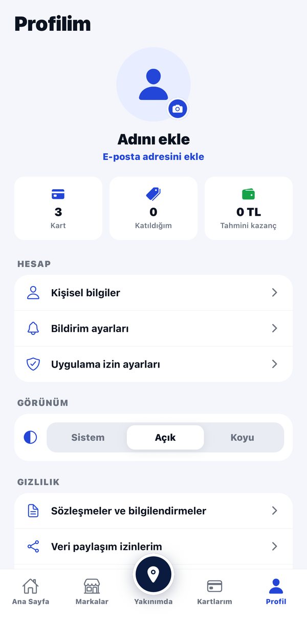 Cardopia ekranı: Profilim